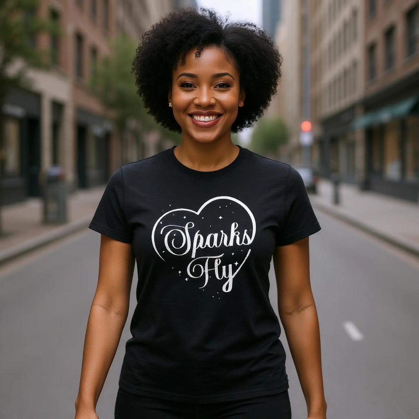 Woman on a city street wearing a black t-shirt with Sparks Fly heart design.