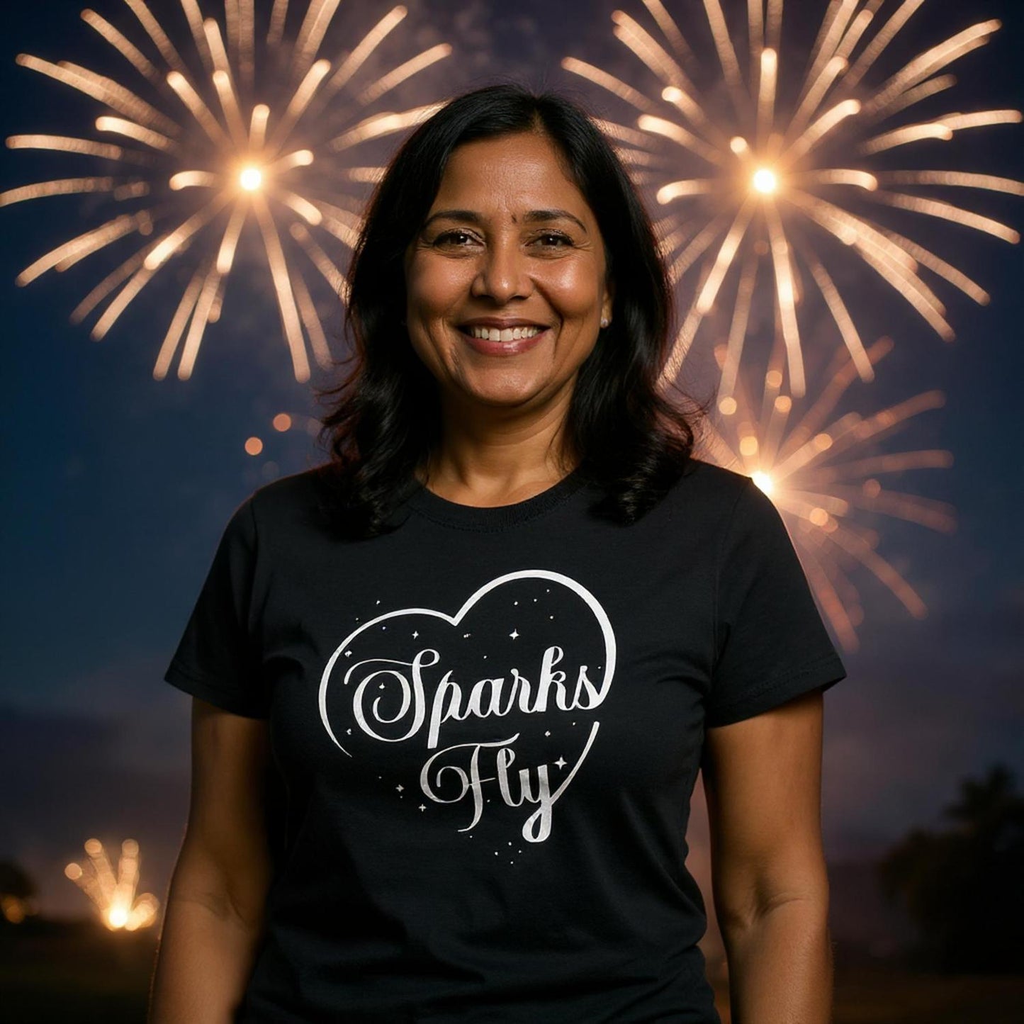 Woman wearing black Sparks Fly heart t-shirt with fireworks exploding behind her.
