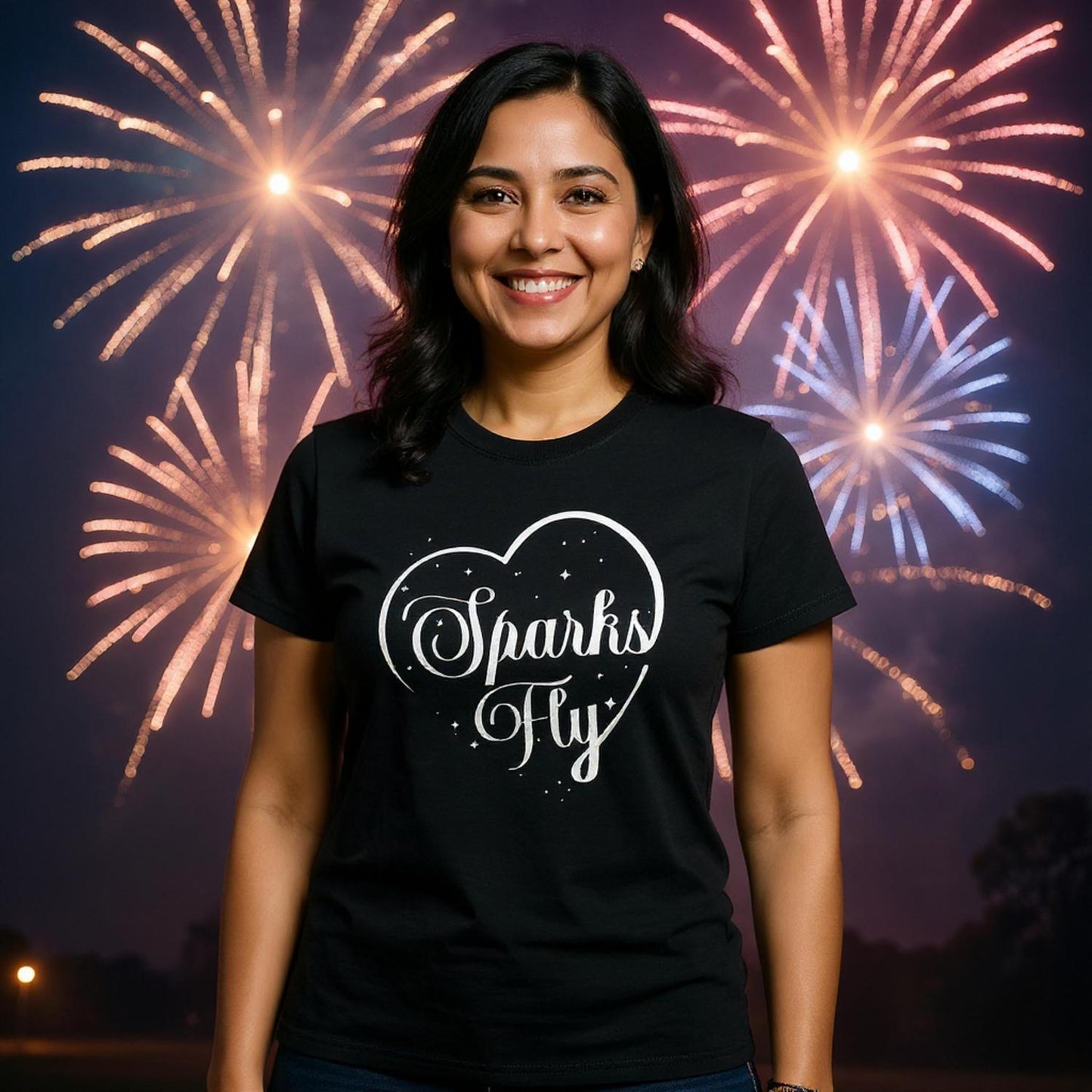 Woman wearing black Sparks Fly heart t-shirt with fireworks exploding behind her.