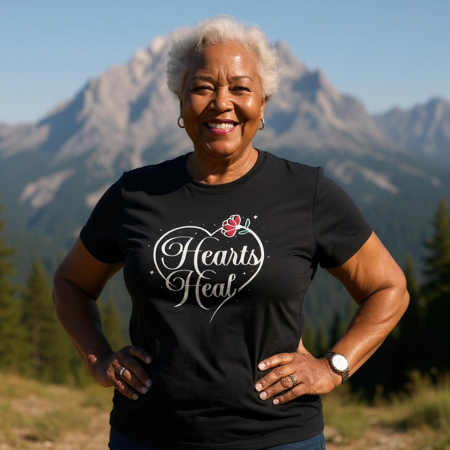 Woman standing in front of a mountain wearing a black t-shirt with Hearts Heal heart design.