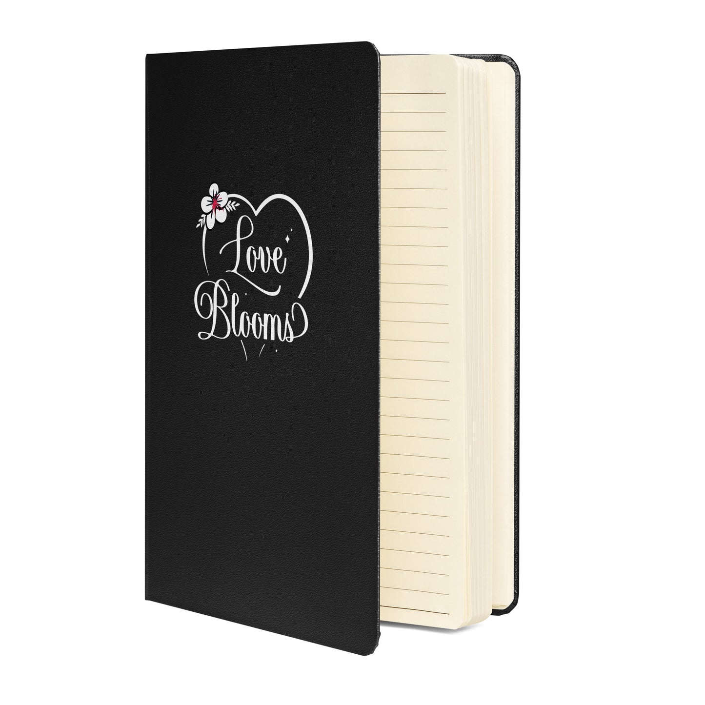 Black hardcover Love Blooms Heart notebook with lined, cream-colored pages.