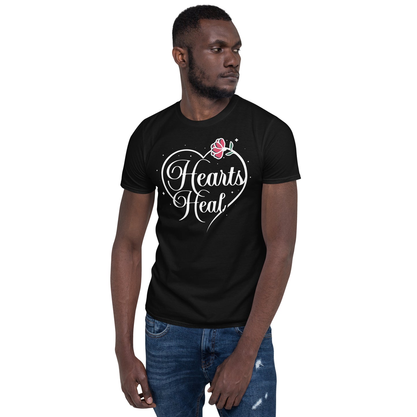 Man wearing black Hearts Heal Heart t-shirt.
