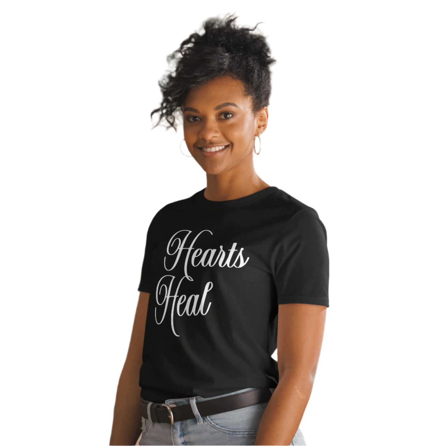 Woman wearing black Hearts Heal Words t-shirt.