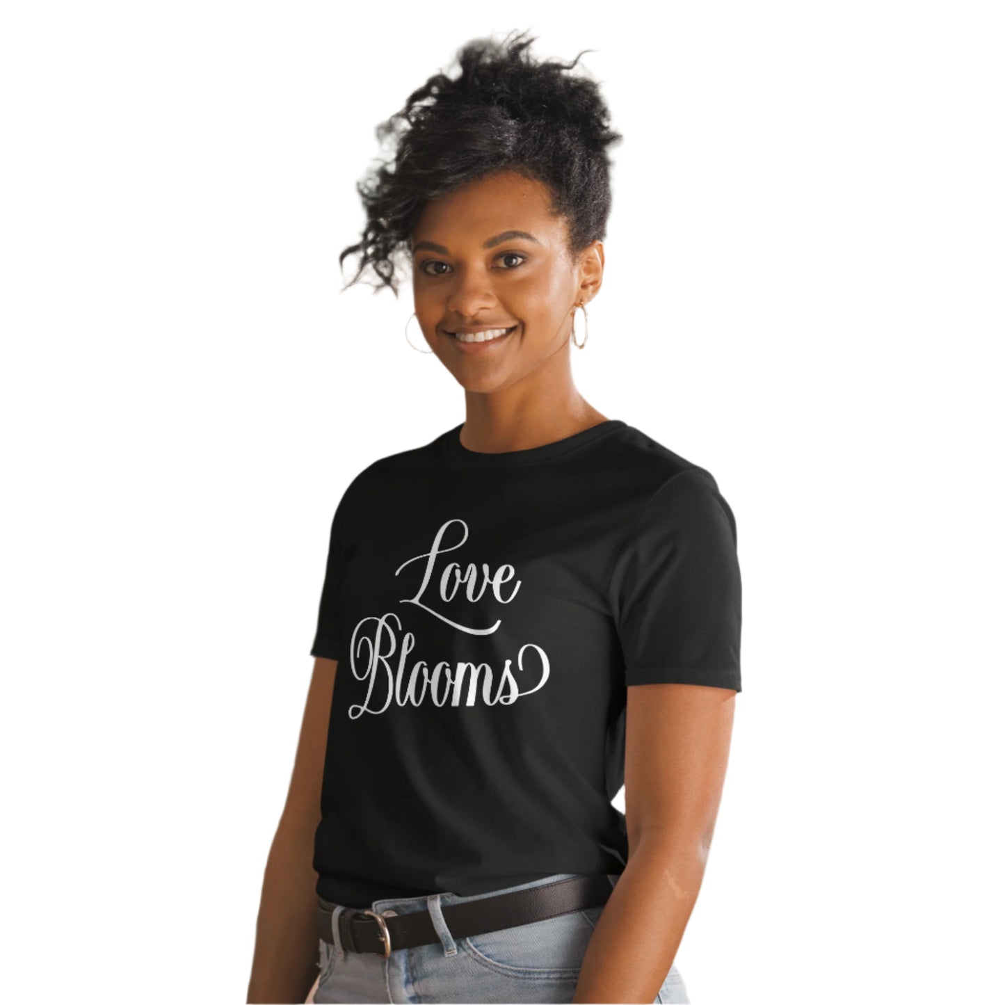 Smiling woman wearing black Love Blooms Words t-shirt.