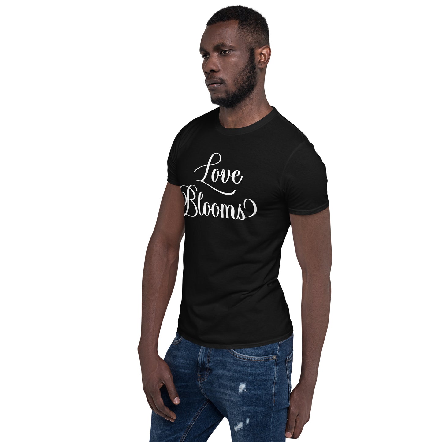 Man wearing black Love Blooms Words t-shirt.