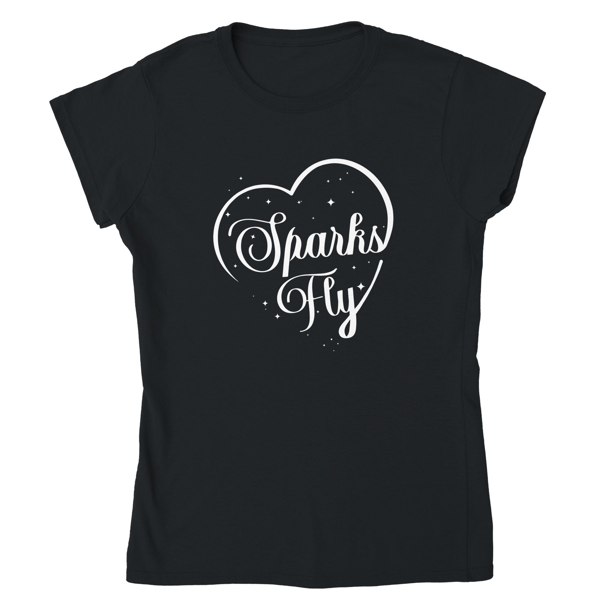 Black short sleeved t-shirt with Sparks Fly heart design.