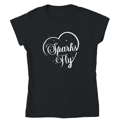 Black short sleeved t-shirt with Sparks Fly heart design.