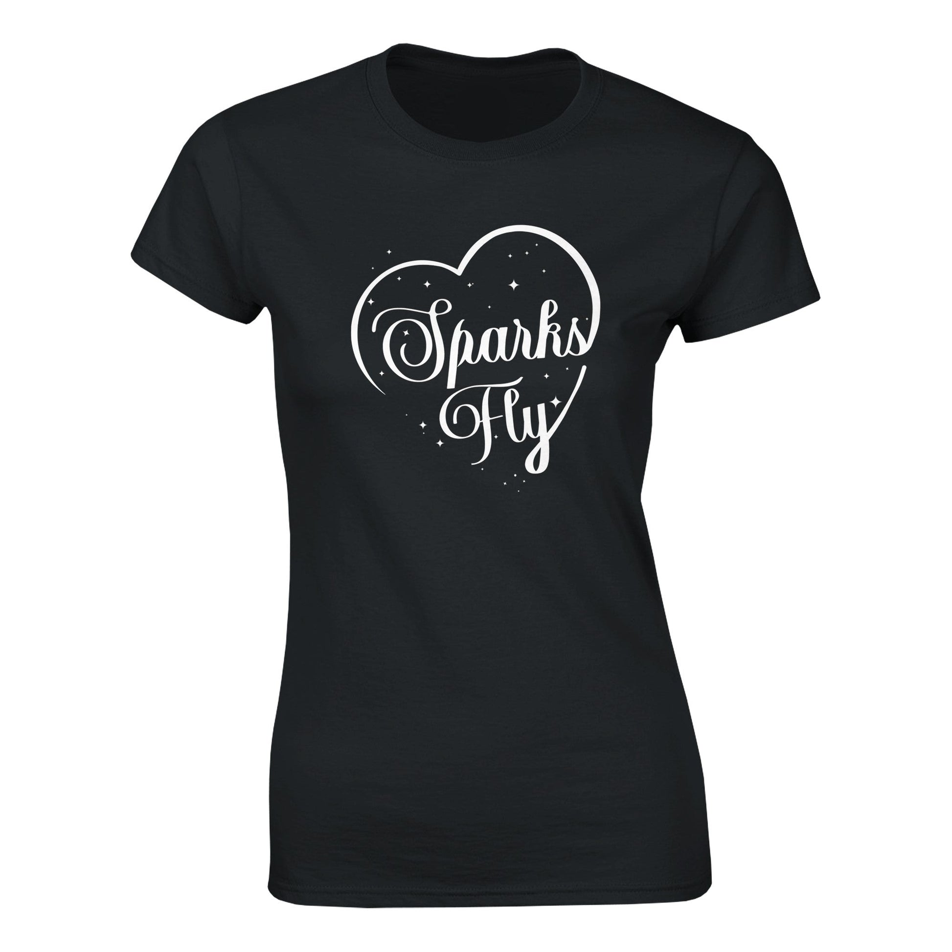 Black women's short sleeved t-shirt with Sparks Fly heart design.