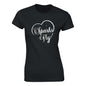 Black women's short sleeved t-shirt with Sparks Fly heart design.