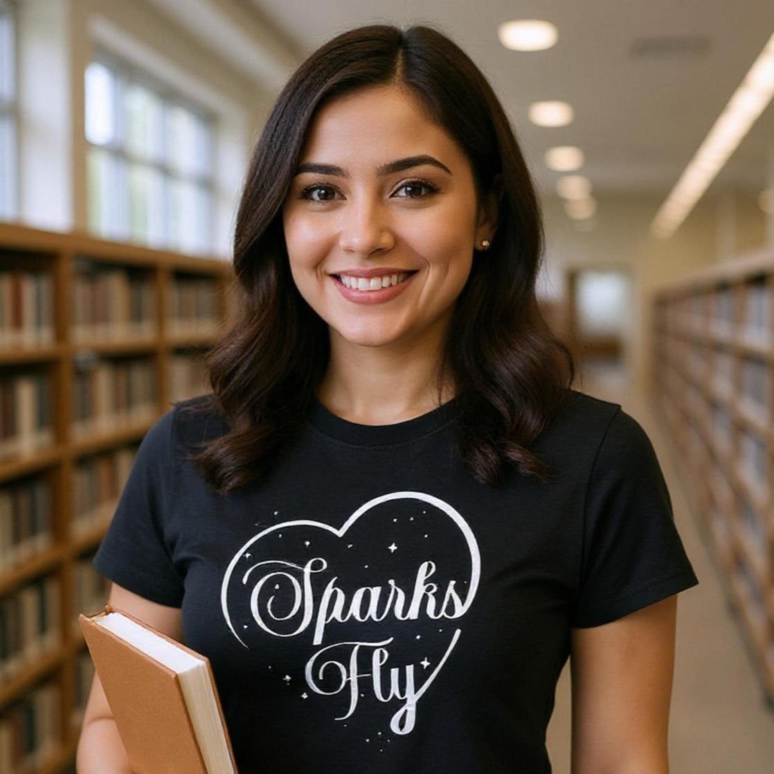 Woman standing in library wearing a black t-shirt with Sparks Fly heart design.