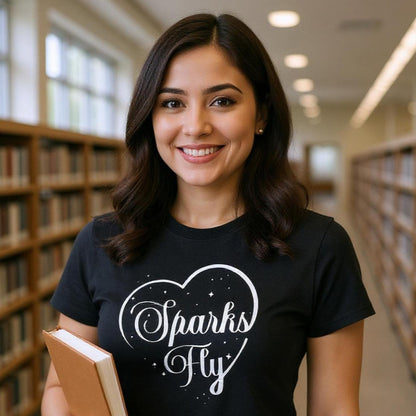 Woman standing in library wearing a black t-shirt with Sparks Fly heart design.