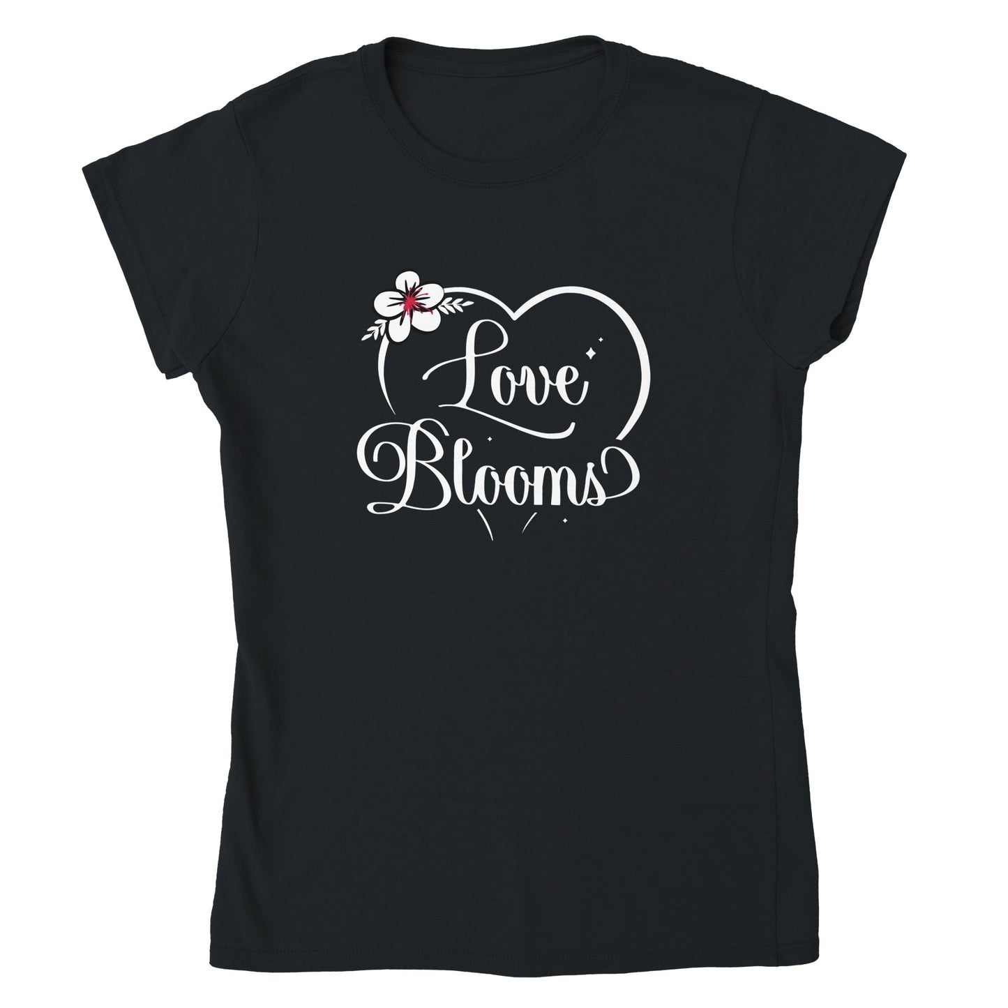 Black short sleeved t-shirt with Love Blooms heart design.