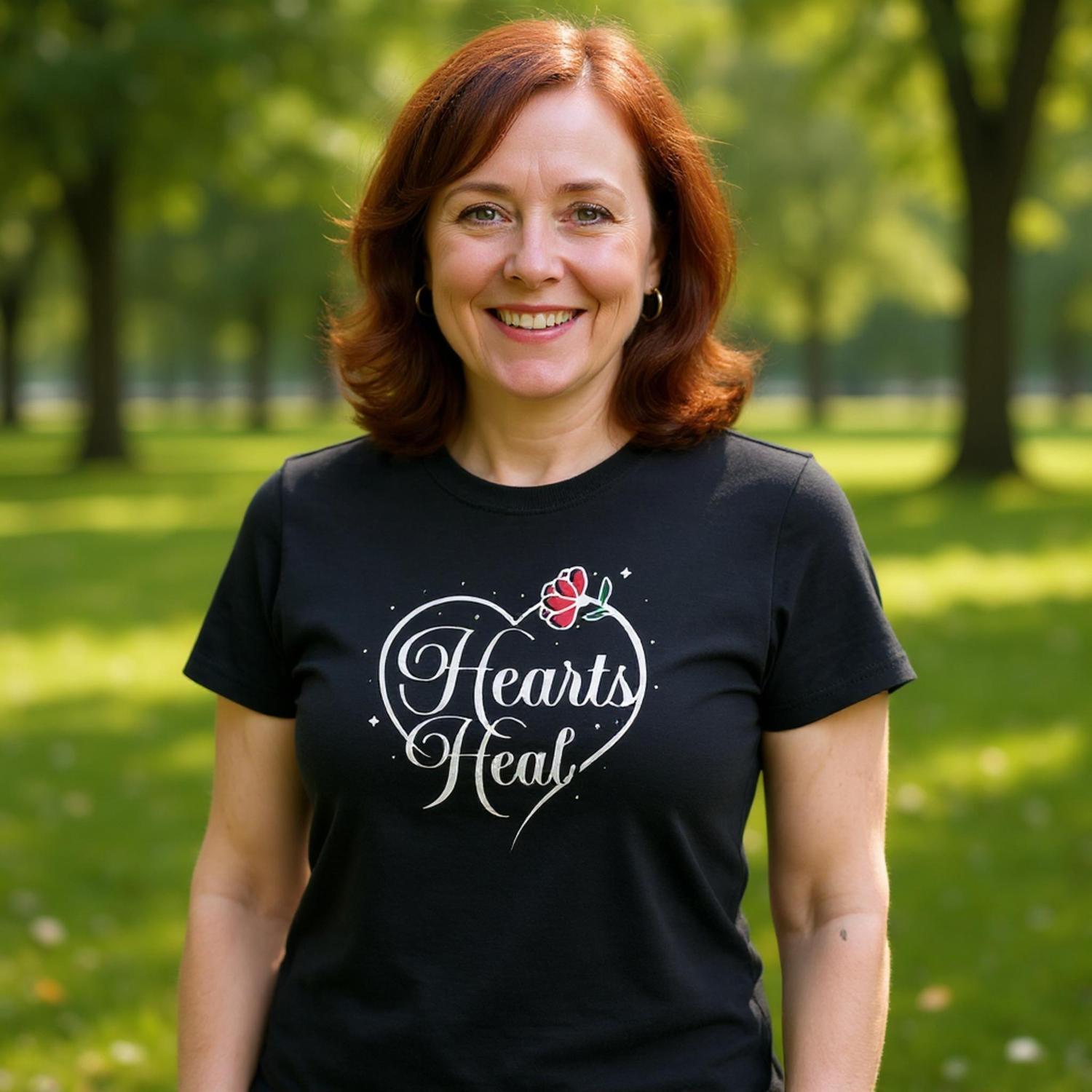 Woman standing in a park wearing black t-shirt with Hearts Heal heart design.