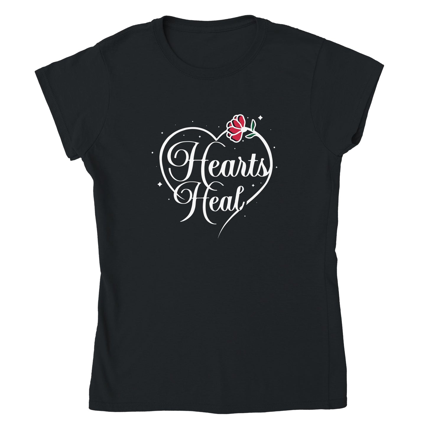 Black short sleeved t-shirt with Hearts Heal heart design.