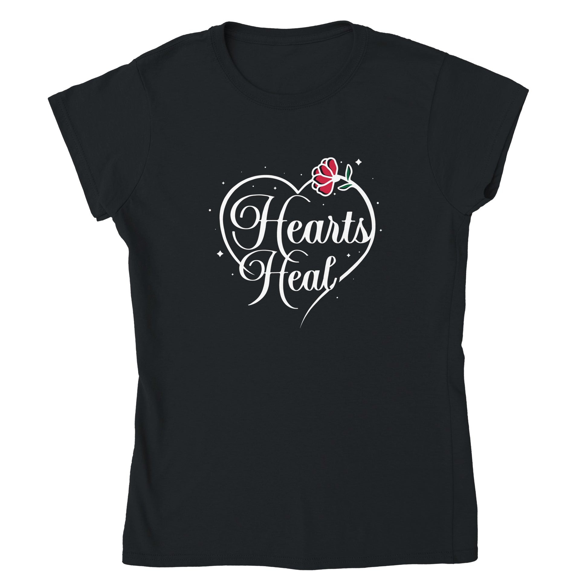 Black short sleeved t-shirt with Hearts Heal heart design.