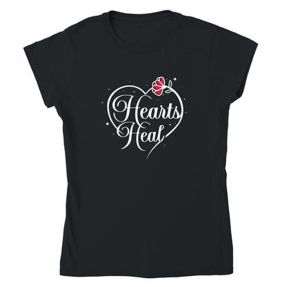 Black short sleeved t-shirt with Hearts Heal heart design.