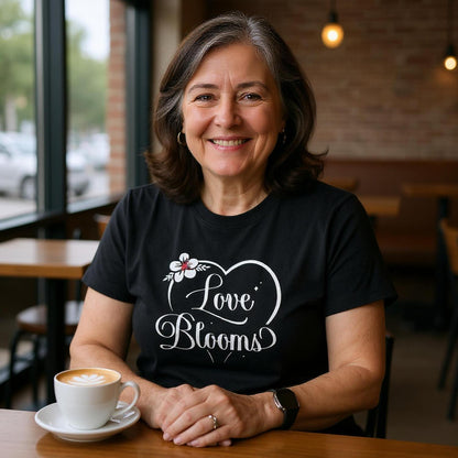 Woman sitting at a table in a coffee shop wearing black Love Blooms heart t-shirt.
