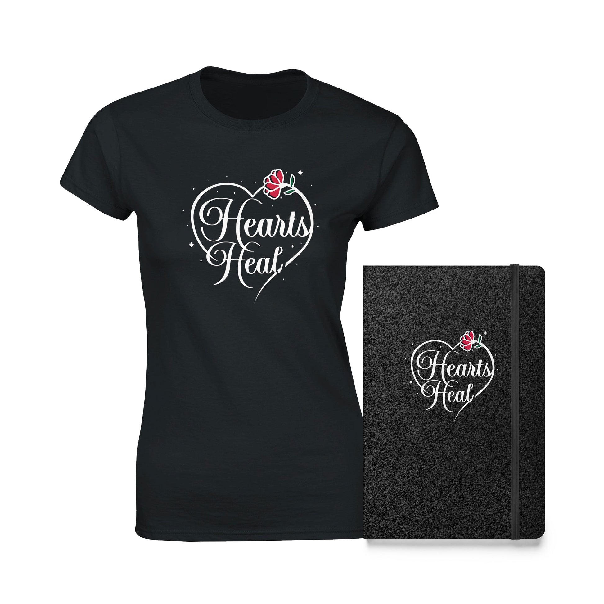 Black hardcover notebook and t-shirt bundle with the words Hearts Heal and heart design.