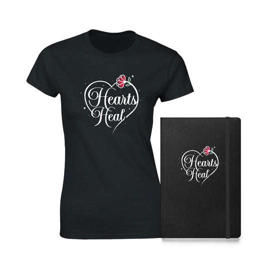 Black hardcover notebook and t-shirt bundle with the words Hearts Heal and heart design.