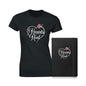 Black hardcover notebook and t-shirt bundle with the words Hearts Heal and heart design.