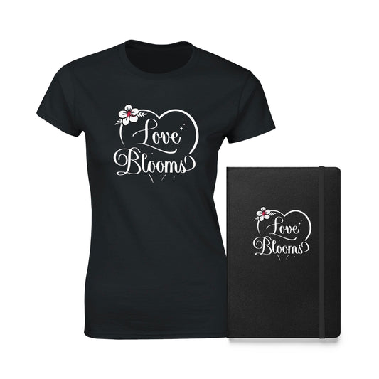 Black hardcover notebook and t-shirt bundle with the words Love Blooms and heart design.