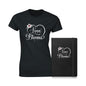 Black hardcover notebook and t-shirt bundle with the words Love Blooms and heart design.
