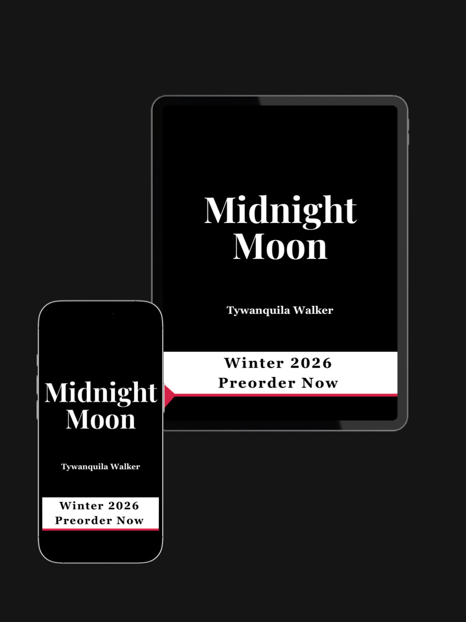 Book cover for Midnight Moon by Tywanquila Walker, displayed on tablet and phone with a preorder announcement for Winter 2026.