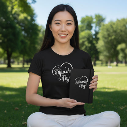 Woman sitting in a park wearing a black t-shirt and holding a matching black notebook with 'Sparks Fly' design.