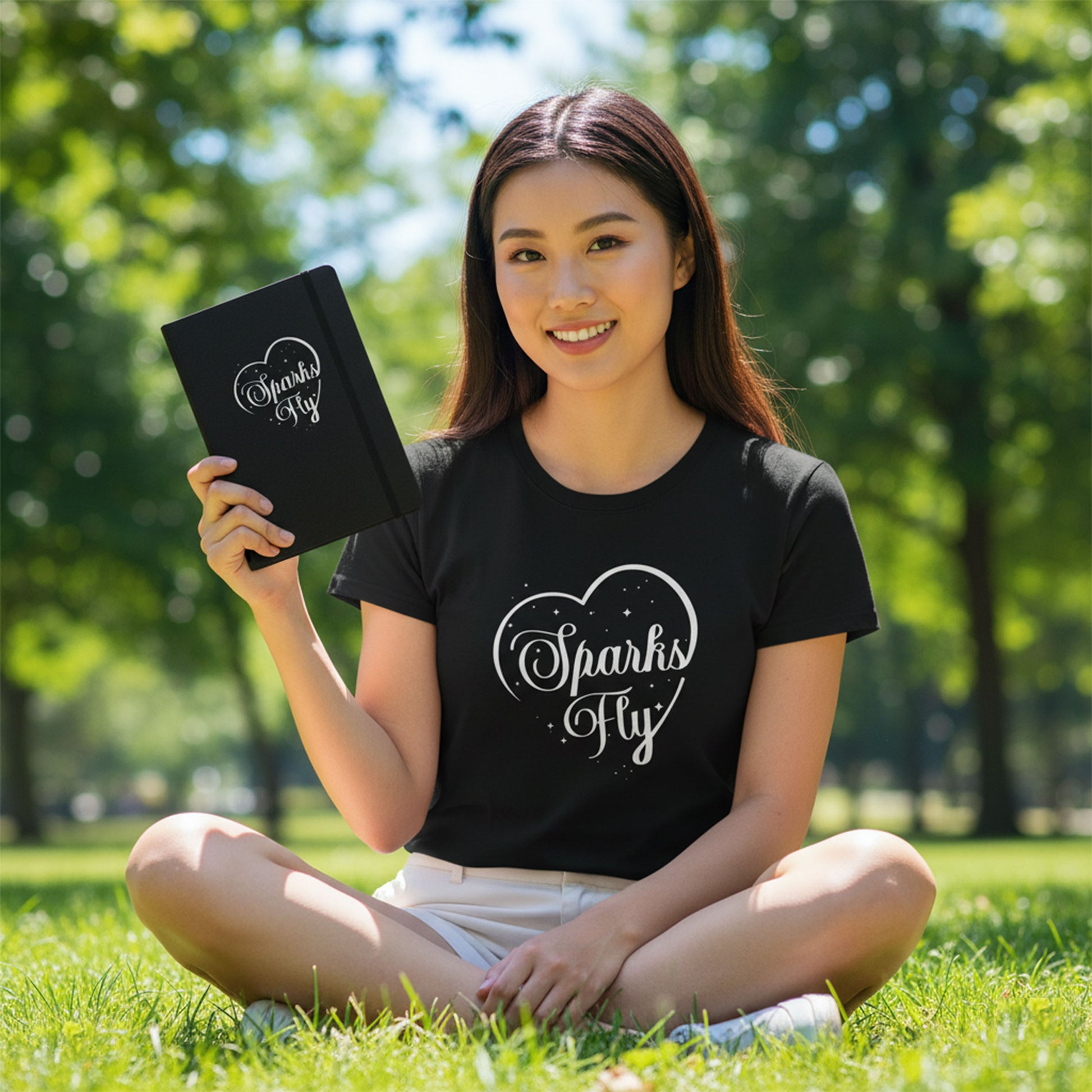 Woman sitting on grass wearing a black t-shirt with 'Sparks Fly' text, holding a matching notebook.