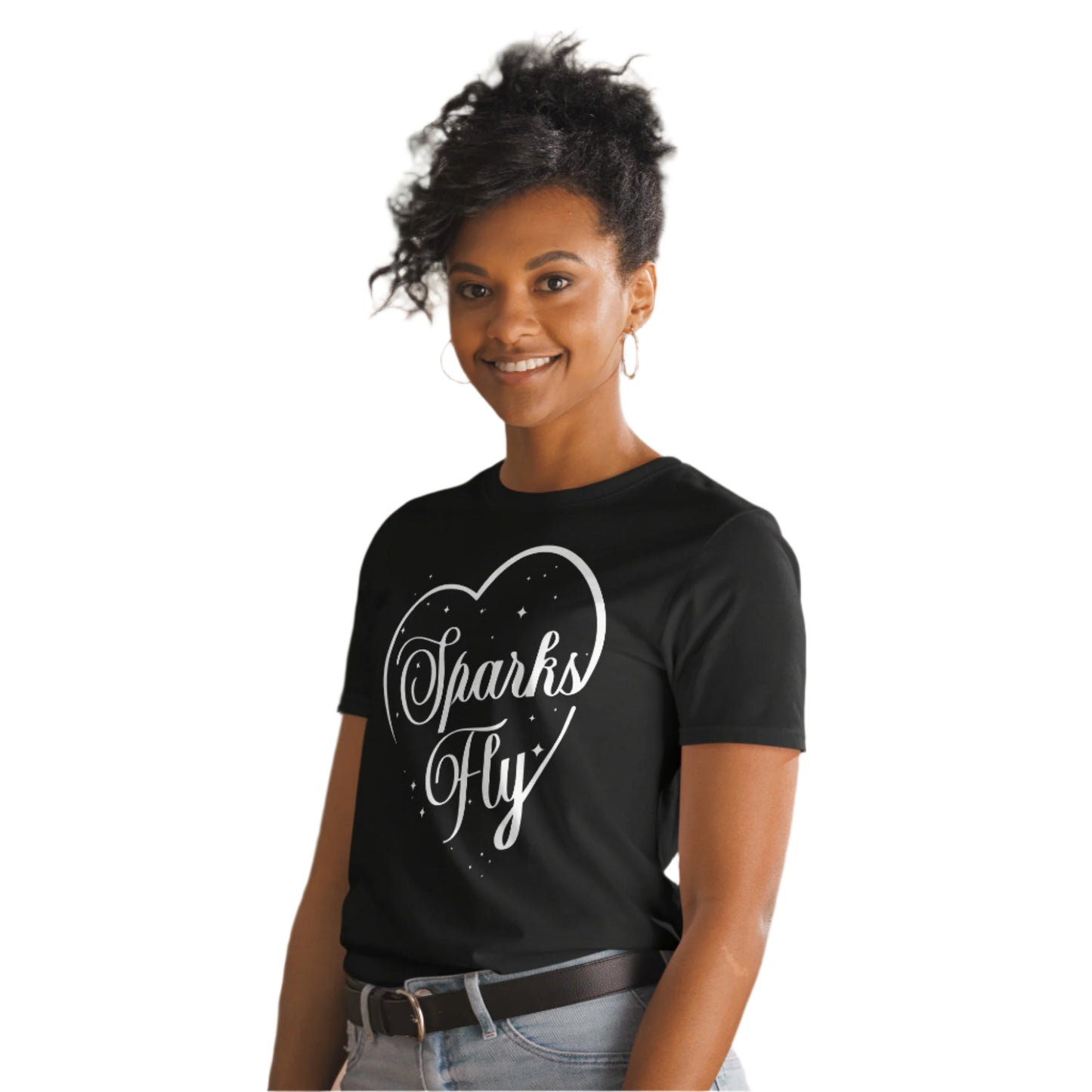 Woman wearing black Sparks Fly Hearts t-shirt.