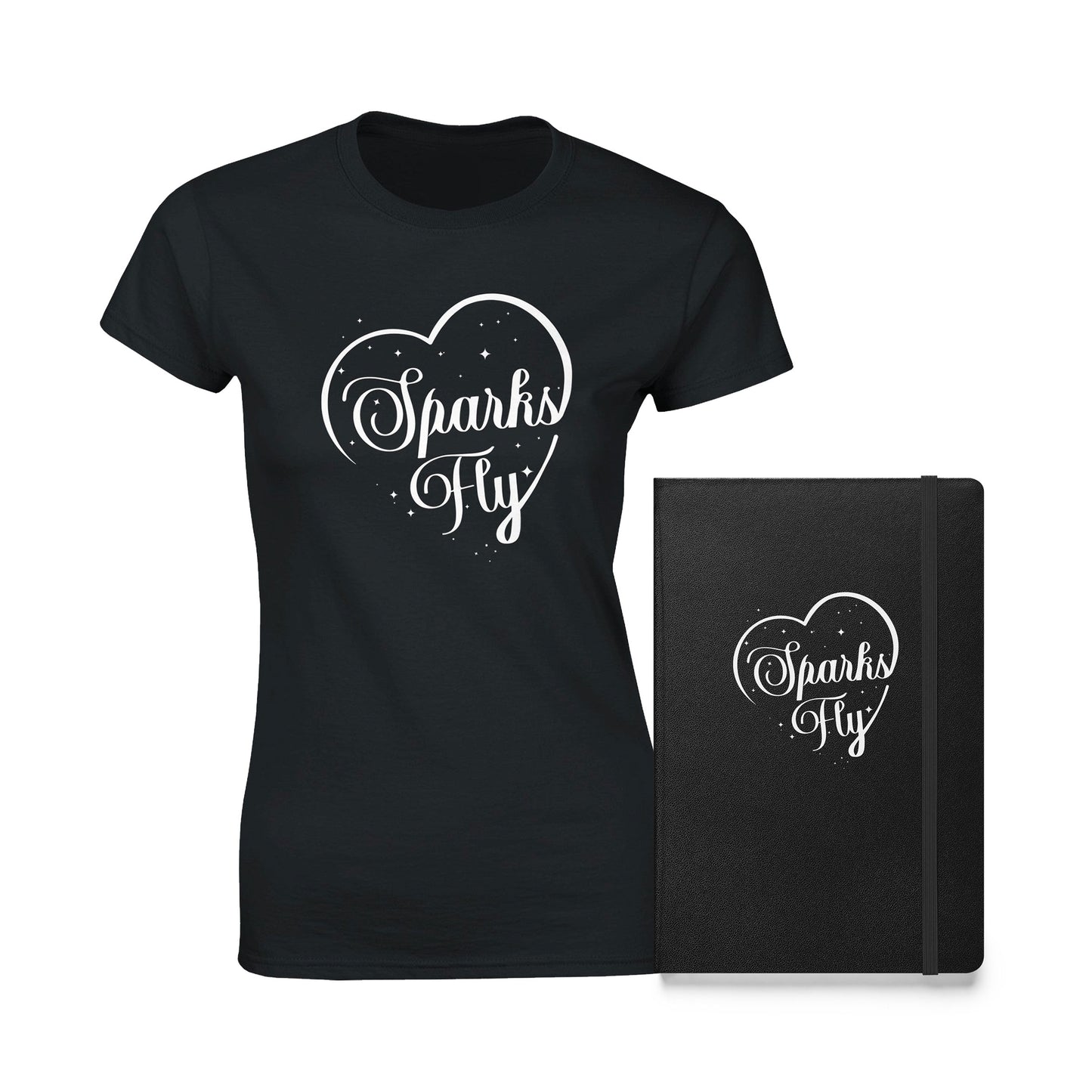 Black hardcover notebook and t-shirt bundle with the words Sparks Fly and heart design.