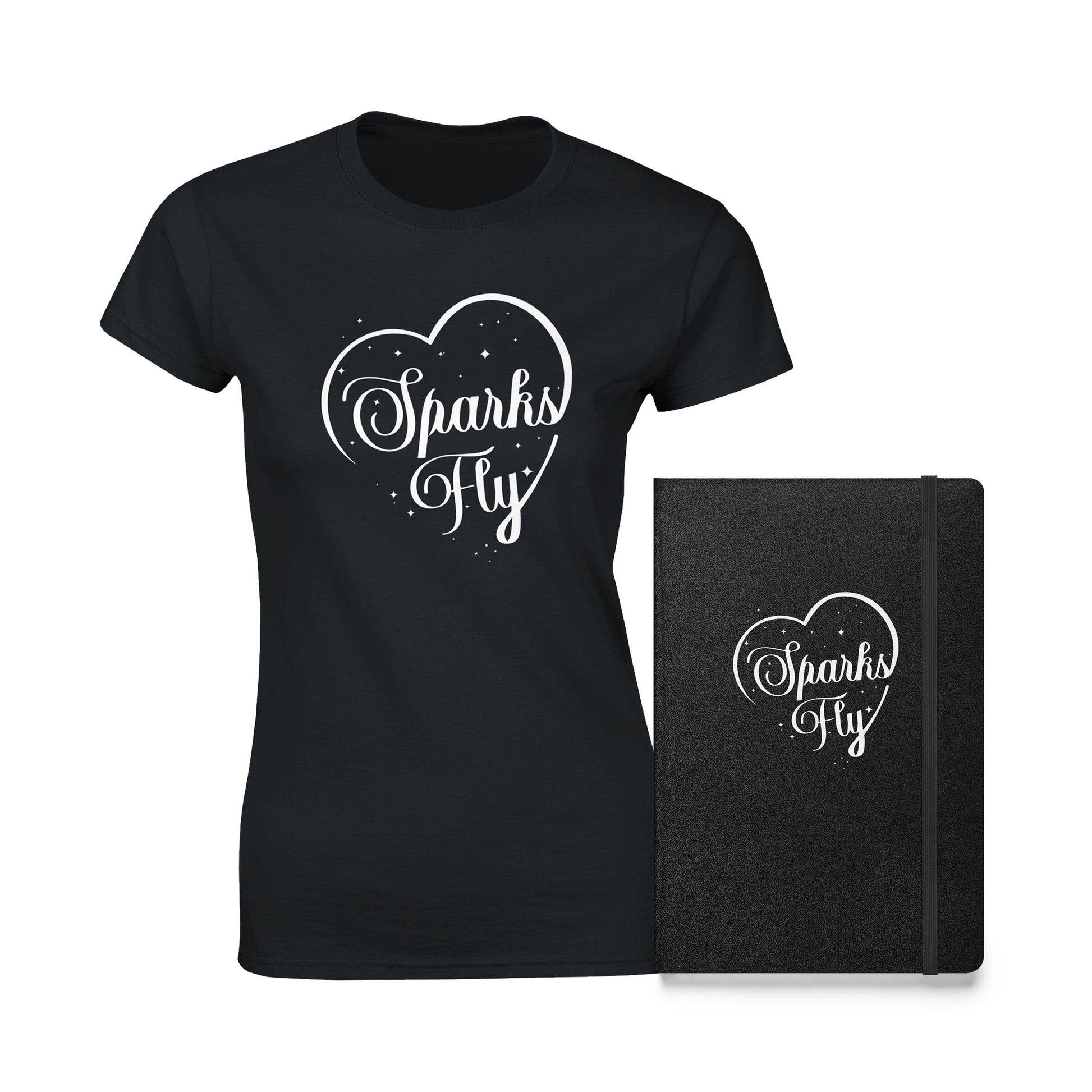 Black hardcover notebook and t-shirt bundle with the words Sparks Fly and heart design.