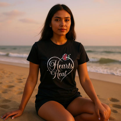 Woman sitting on the beach wearing a black t-shirt with a Hearts Heal heart design.