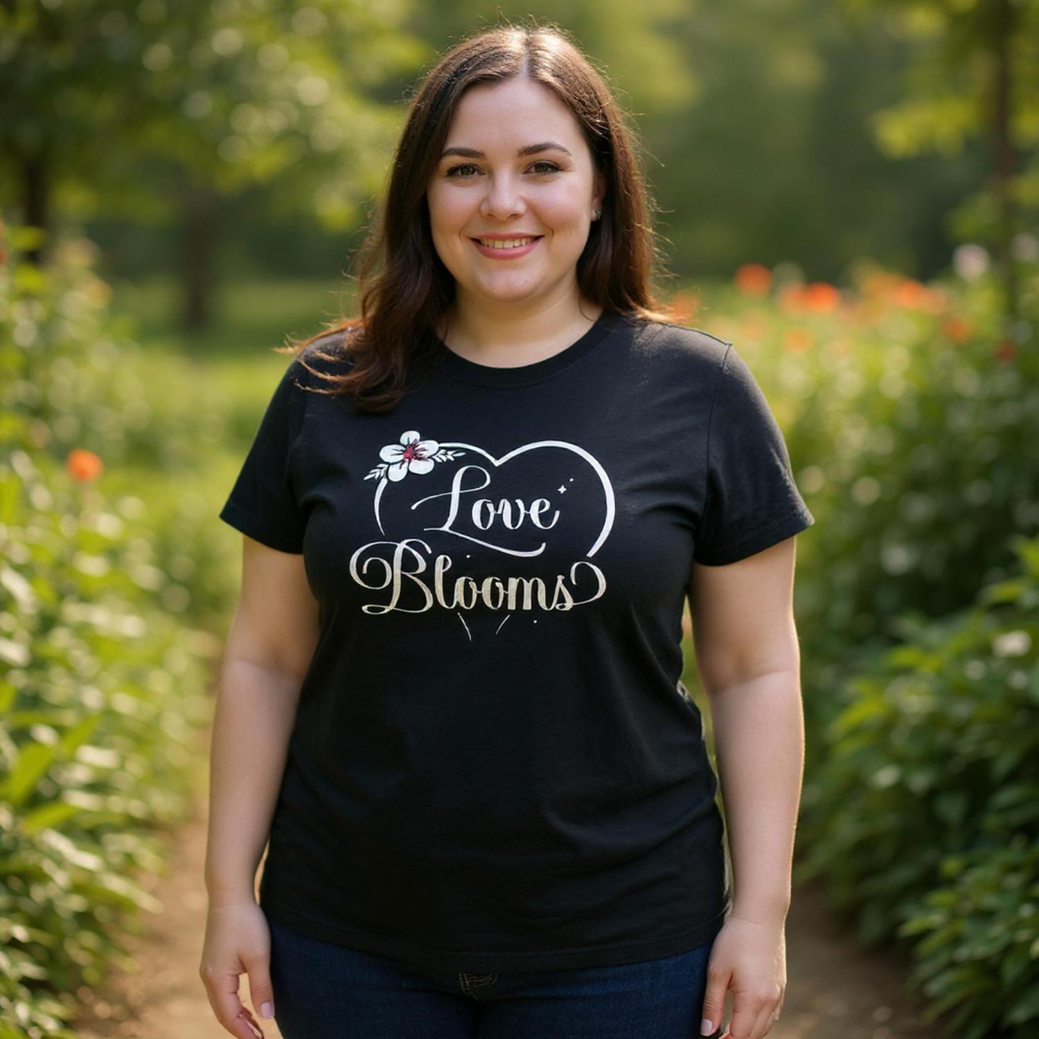 Woman standing in a flower garden wearing a black t-shirt with Love Blooms heart design.