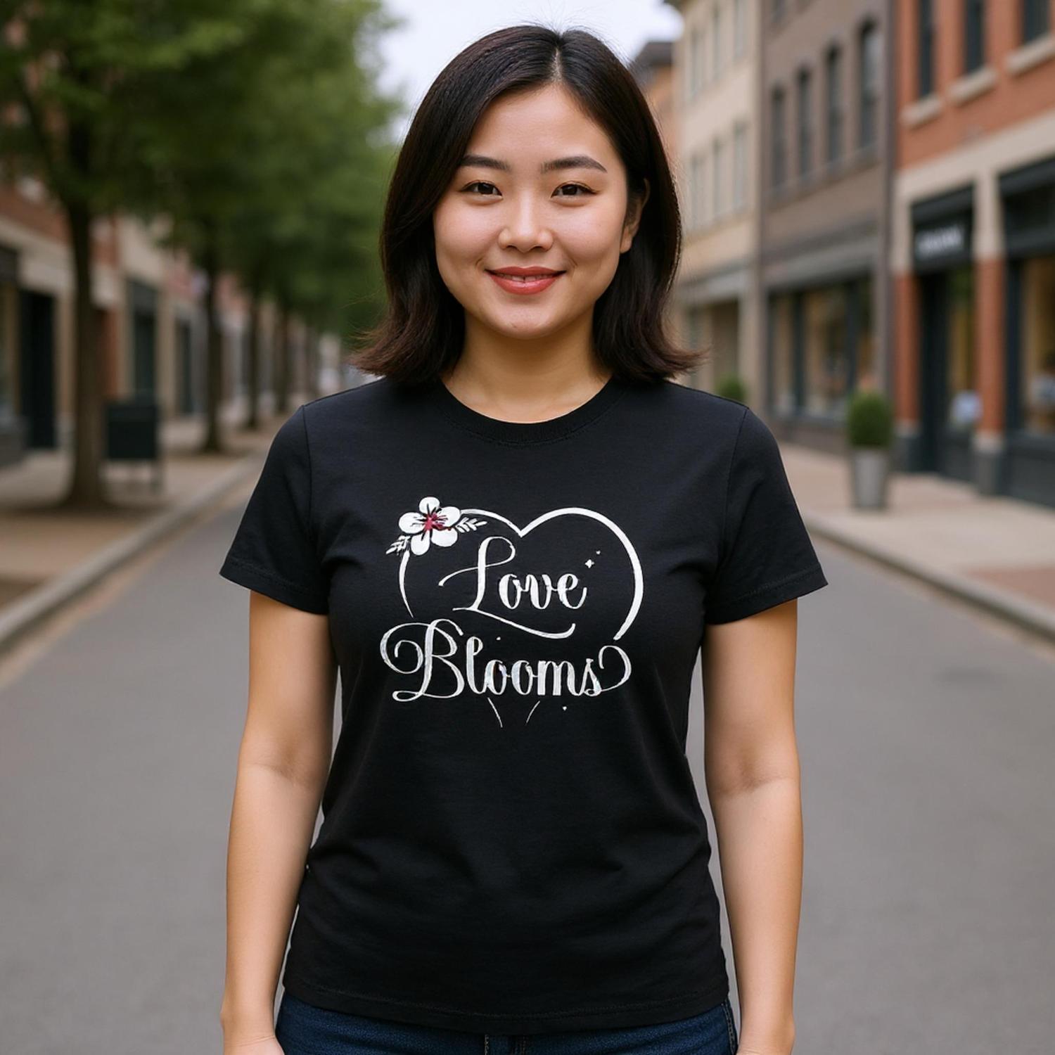 Woman on a small town street wearing a black t-shirt with Love Blooms heart design.