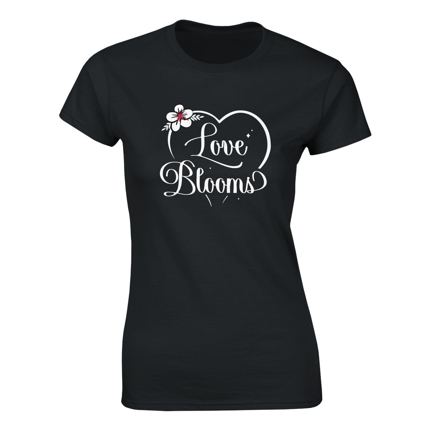 Black short sleeved Love Blooms heart t-shirt.