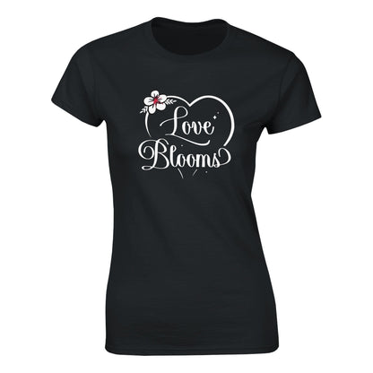Black short sleeved Love Blooms heart t-shirt.