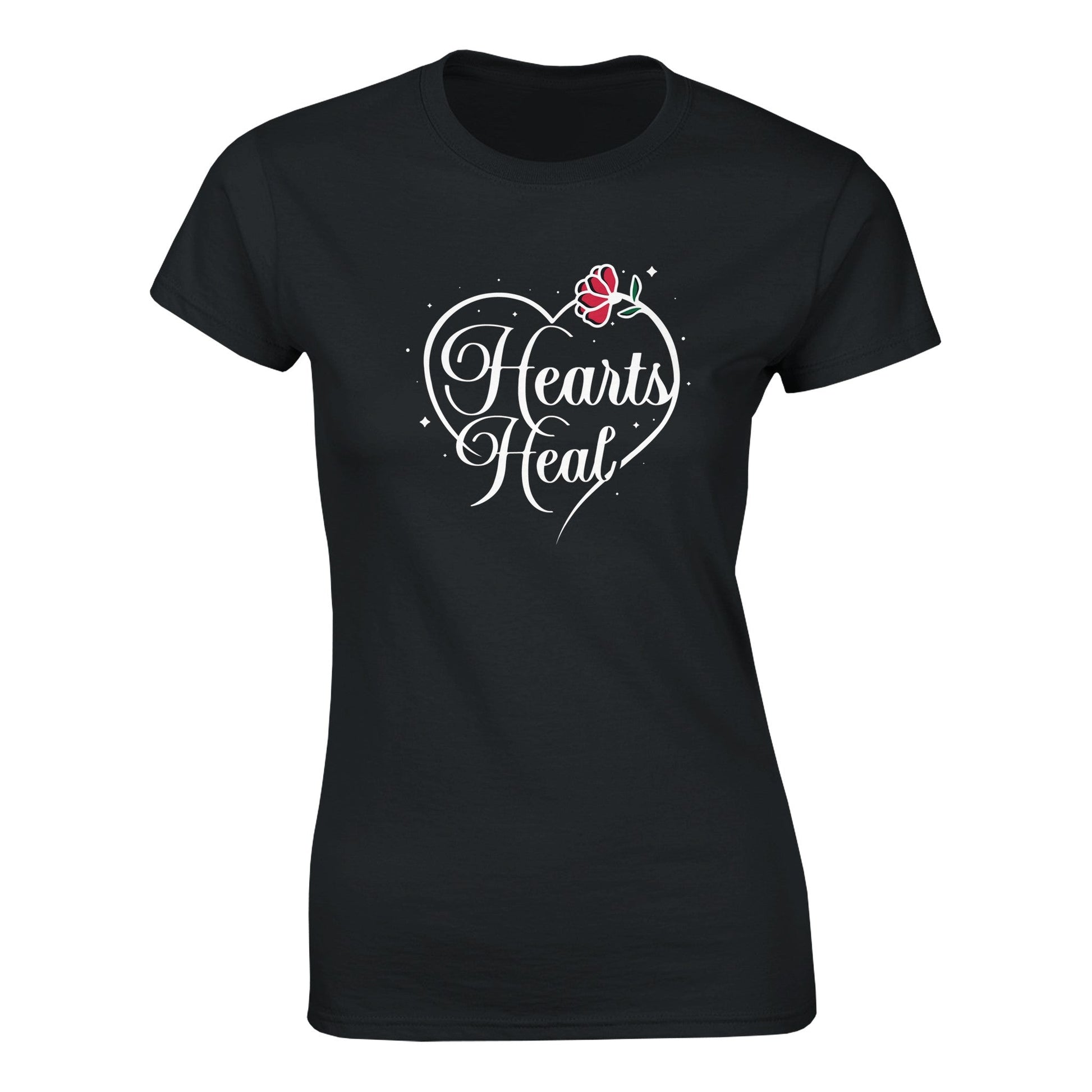 Black short sleeved t-shirt with Hearts Heal heart design.