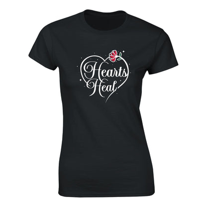 Black short sleeved t-shirt with Hearts Heal heart design.