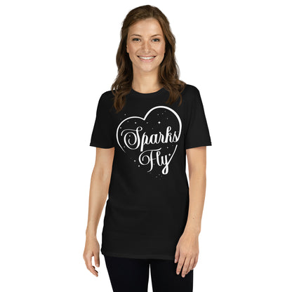 Smiling woman wearing black Sparks Fly Hearts t-shirt.