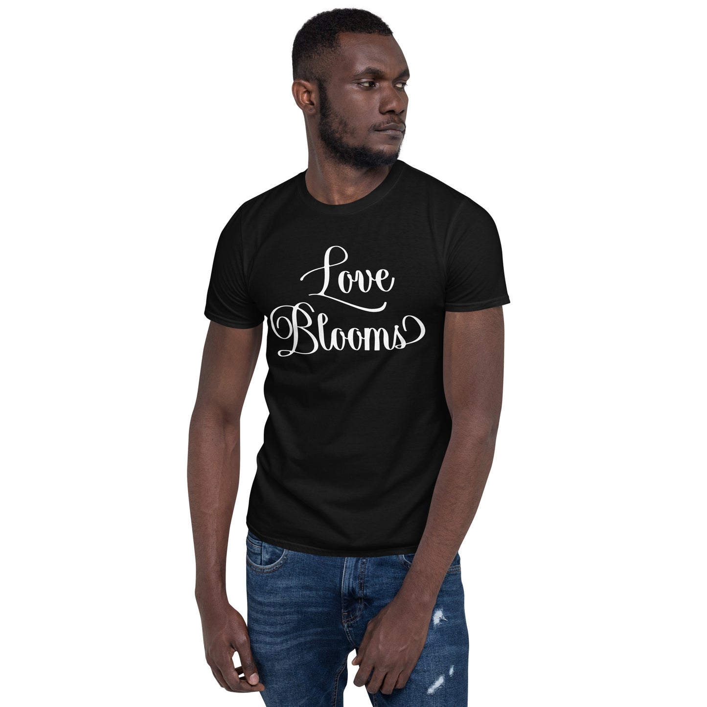Man wearing black Love Blooms Words t-shirt.