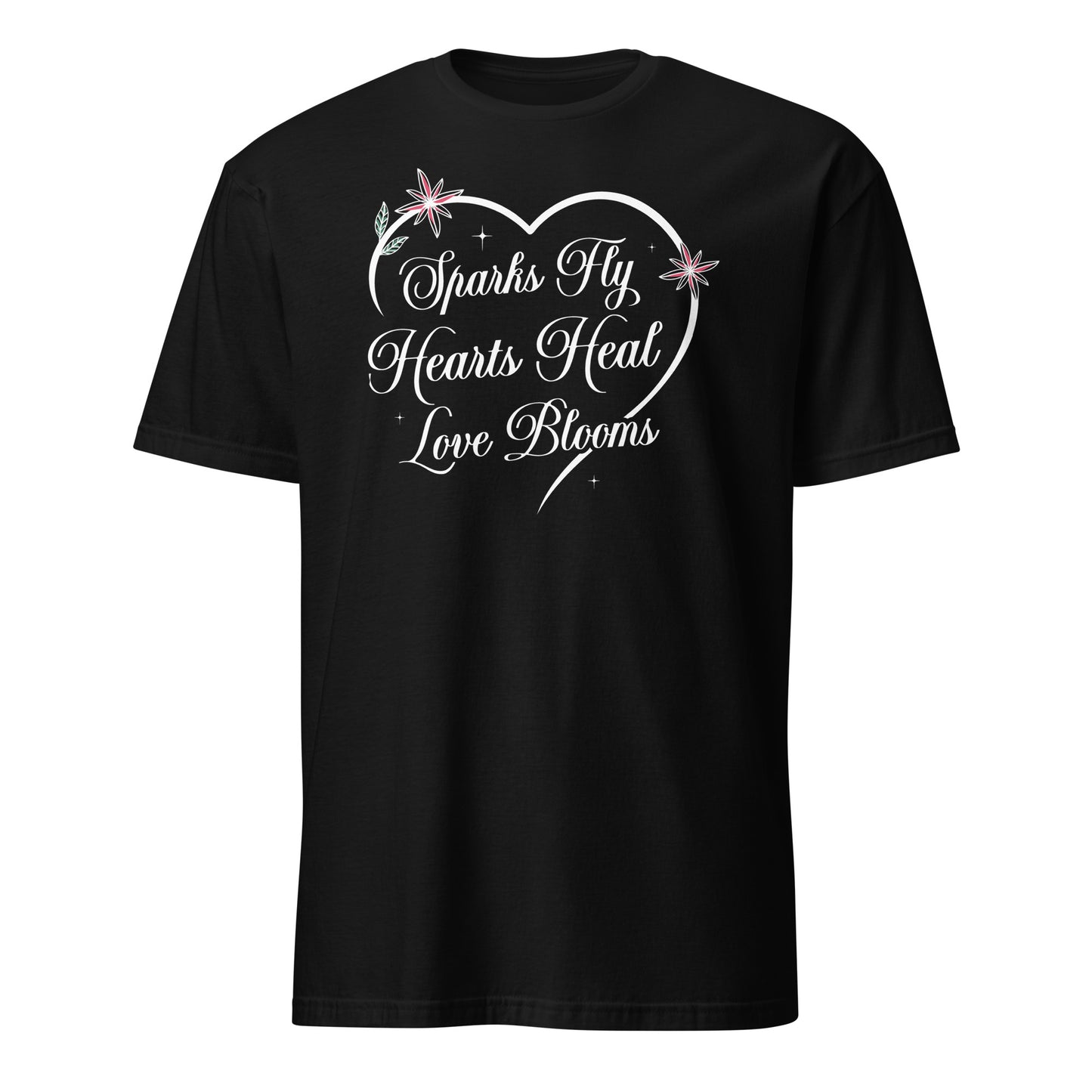 Black Love's Journey Heart t-shirt. Heart with the words Sparks Fly, Hearts Heal, Love Blooms.