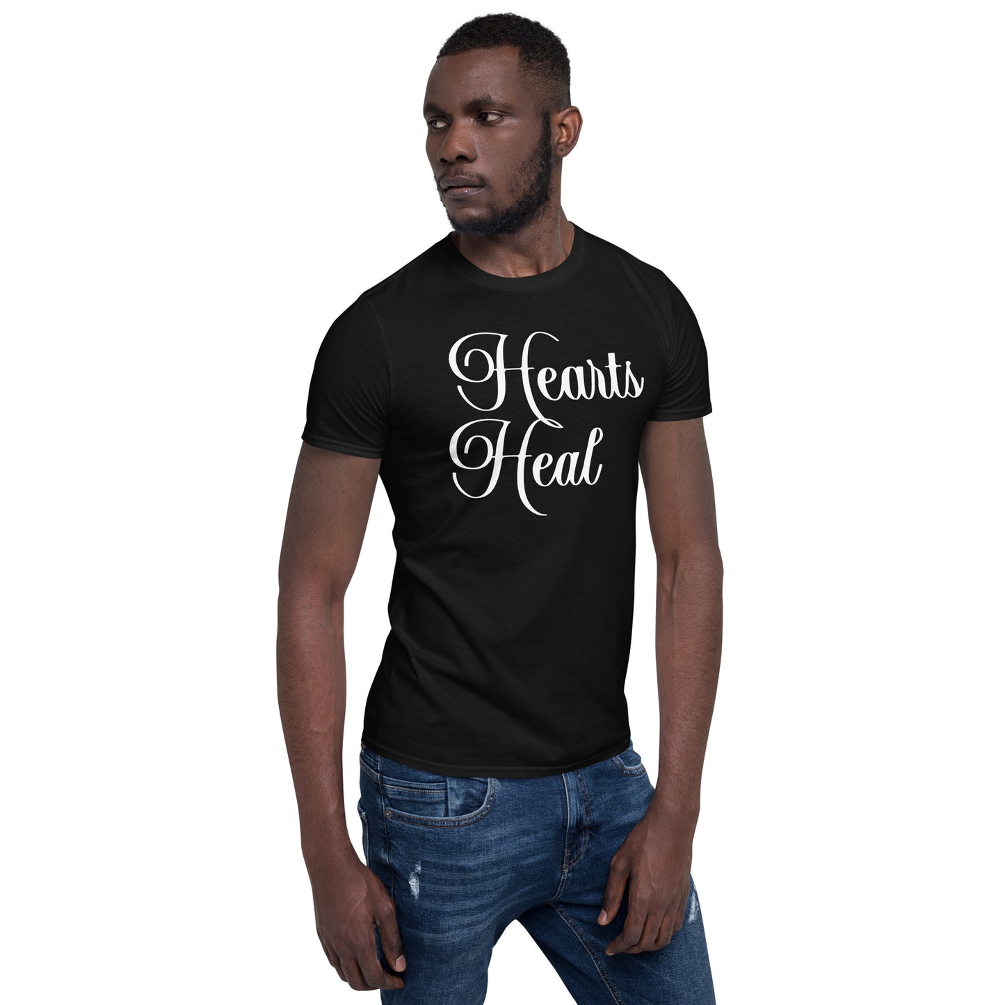 Man wearing black Hearts Heal Words t-shirt.
